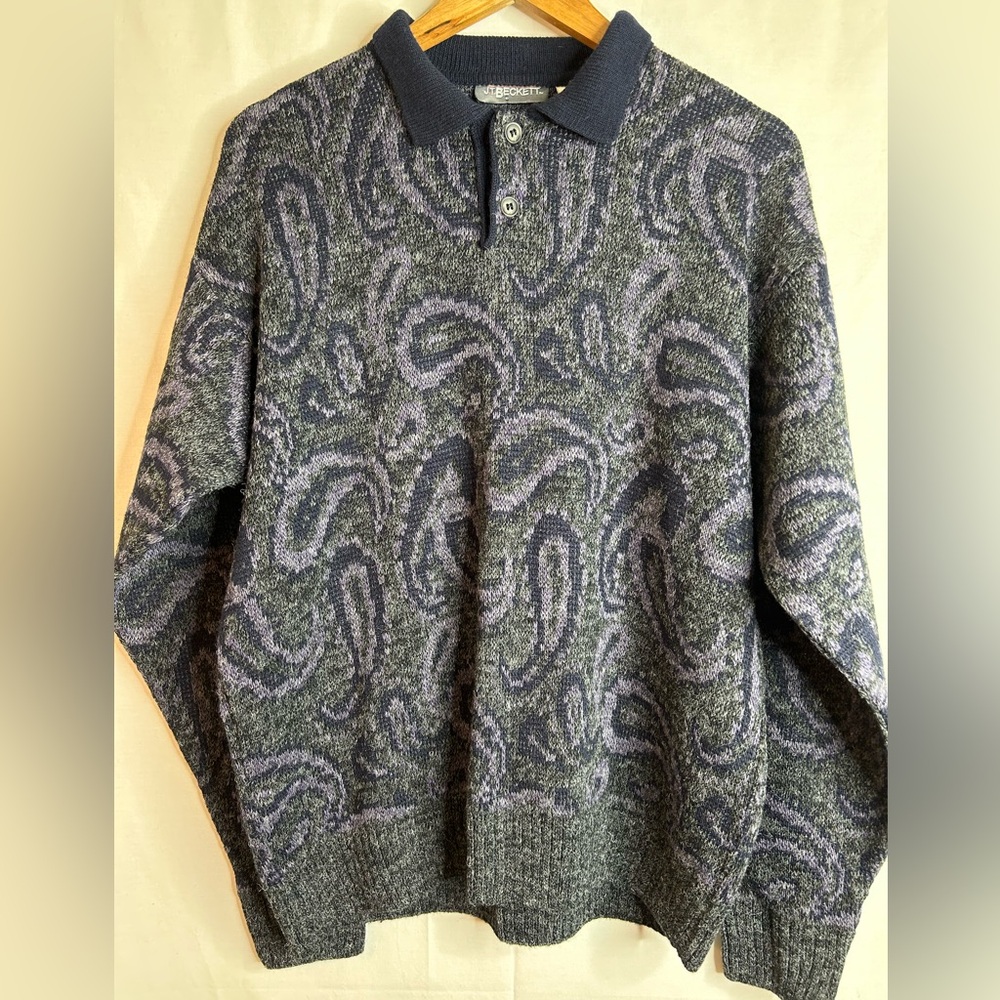 JT Beckett Vintage Men's Gray Purple and Blue Paisley Wool Blend Sweater Size M